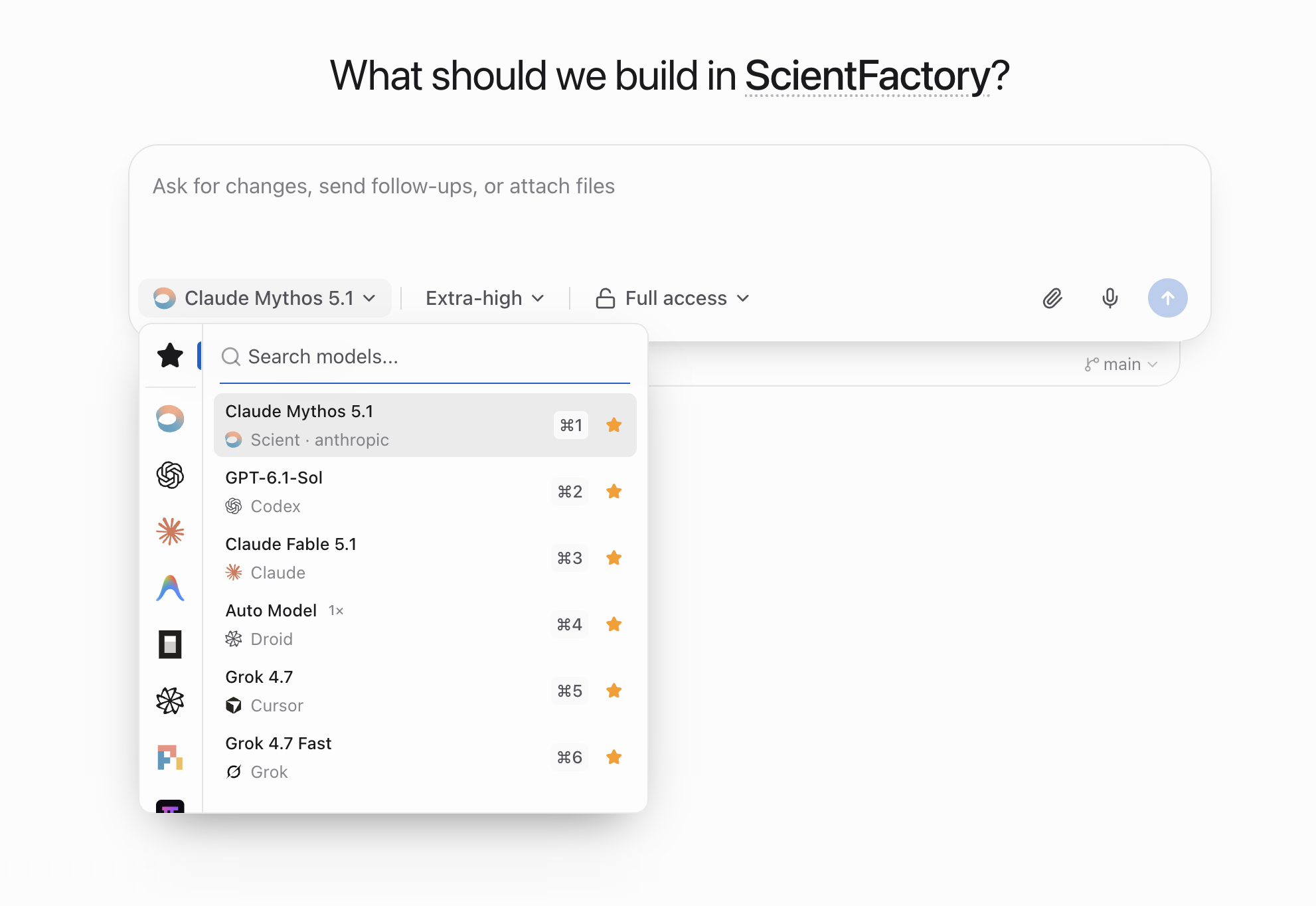 Scient model picker with favorite models from Scient, Codex, Claude, Droid, Cursor, and Grok
